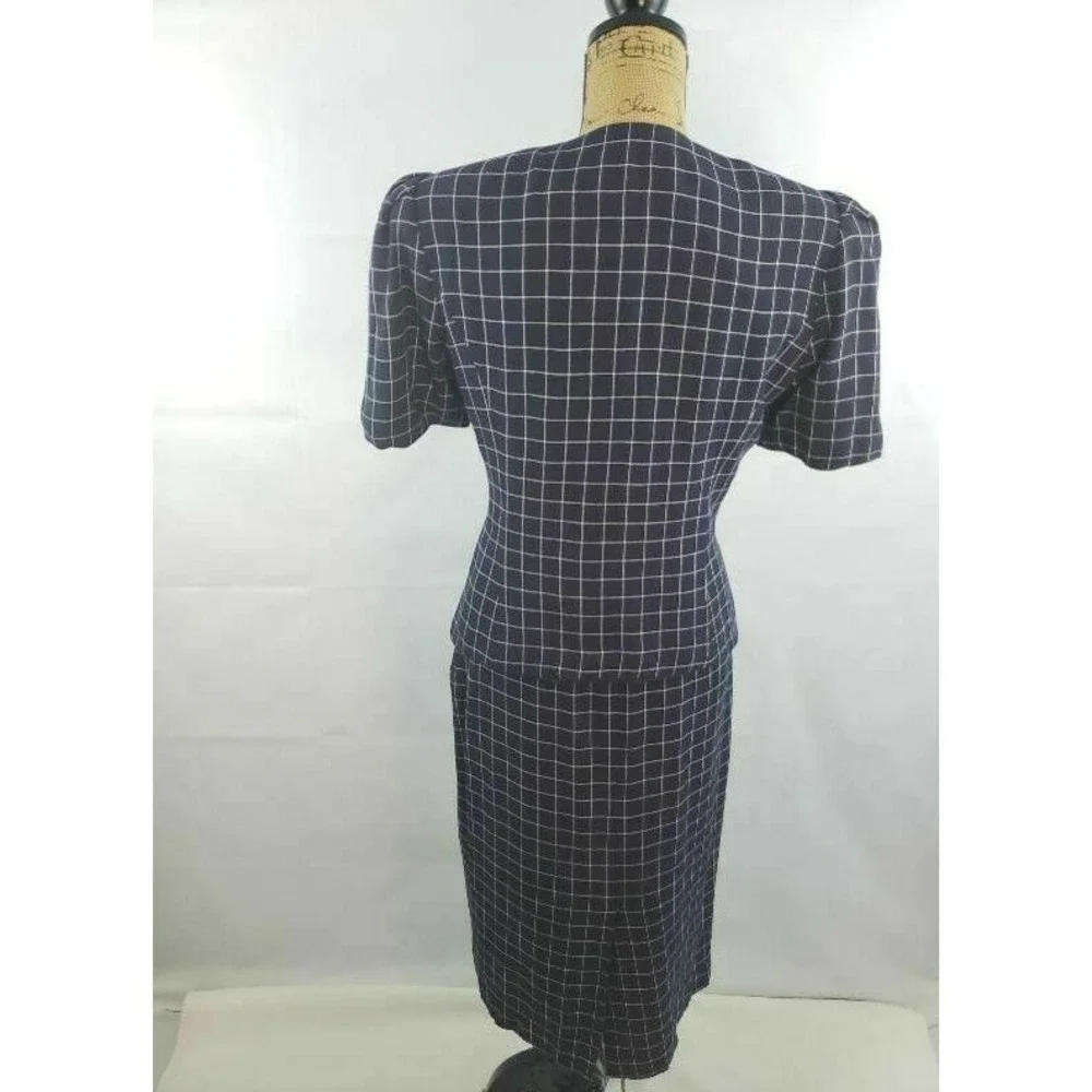 Kasper ASL Women wear Skirt Suit Blue Windowpane Lined Shoulder‎ -Padded 8/9 S54